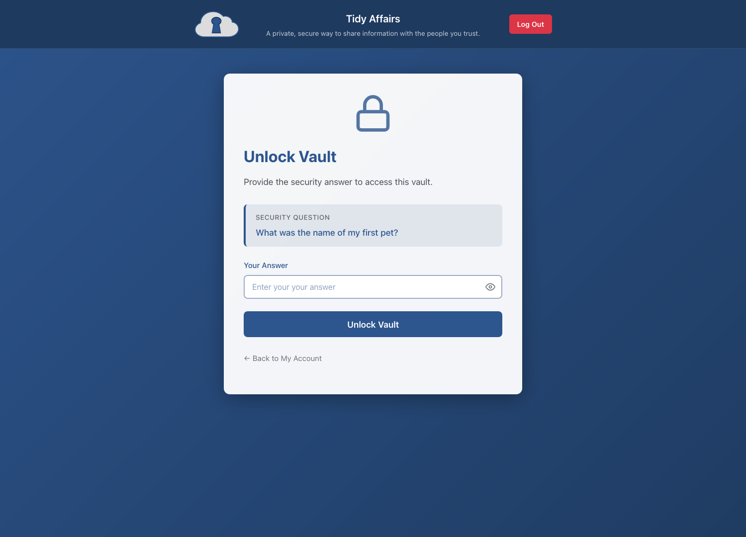Vault unlock screen with security question